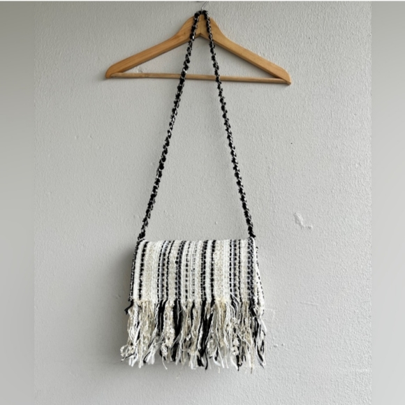 Zara Handbags - ZARA | NWT White Black Tweed Fringed Woven Chain Strap Bag Purse